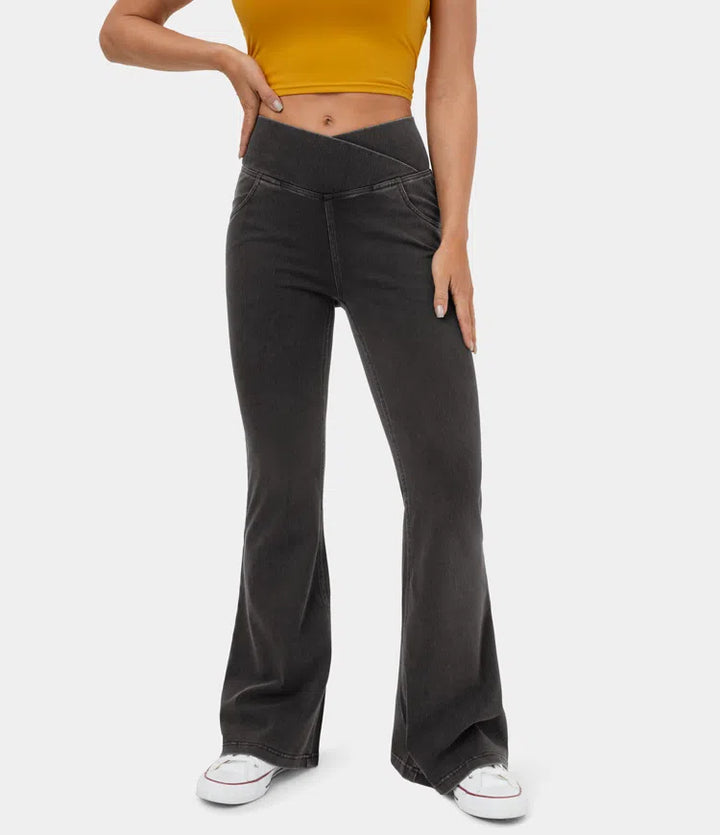 High Waisted Crossover Washed Stretch Casual Flare Jeans